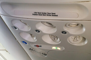 Overhead Control Panel for Air Vents, Lighting and Seat Belt Warning in the Cabin of a Commercial...