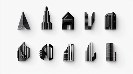 Minimalist black & white 3D city icons