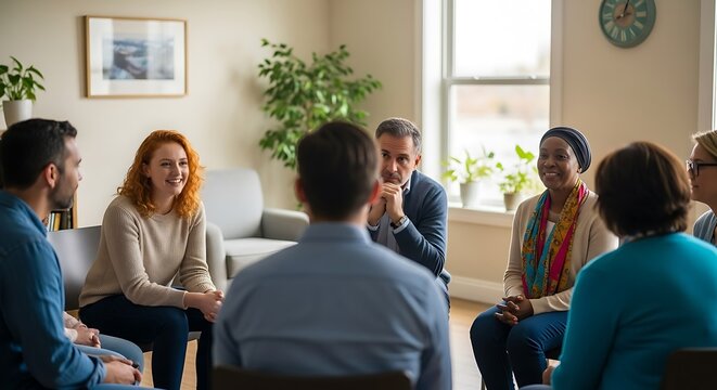 Diverse group of people seated in a circle, engaged in a supportive discussion or therapy session.