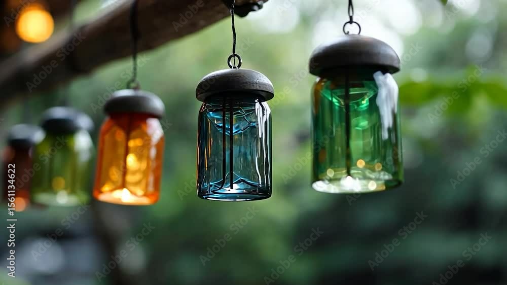 Poster close-up of a row of colorful glass lanterns hanging from a tree branch against a blurred green foli