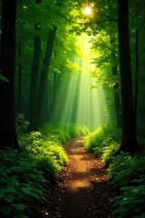 Naklejka premium Sun-dappled forest path winding through lush greenery, sunlight filtering through leaves, creating a magical atmosphere Perfect for nature, travel, and environmental themes , outdoor, undergrowth