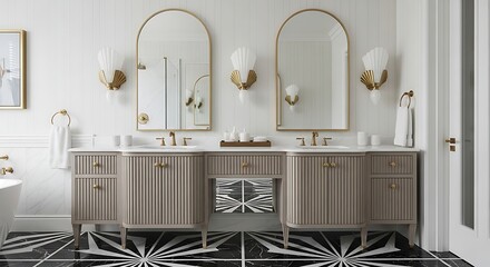 Elegant bathroom interior featuring a double vanity with art deco influences and striking floor pattern