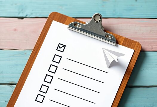 Checklist clipboard with paper airplane icon, ready for tasks,  travel,  vector