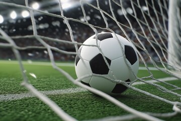 Close-Up of Soccer Ball Hitting the Net – Sharp Net Detail and Green Pitch – Motion Moment of Goal Scoring in Stadium