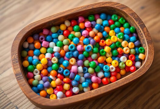 Colorful beads arranged in a wooden tray, ready for creative play,   texture,  learning