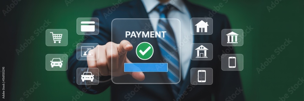 Poster a hand points to a payment confirmation on a touch screen interface.