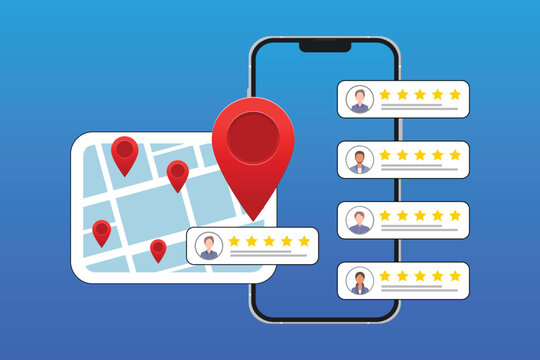 Local SEO. Local seo marketing based on customer ratings and reviews. Regional listings with maps, red pins, and star ratings for nearby places.