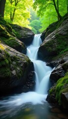 Fototapeta premium Serene springtime waterfall cascading over mossy rocks, sunlight dappling the lush green foliage Perfect for nature, travel, and environmental themes , outdoor, nature, peaceful