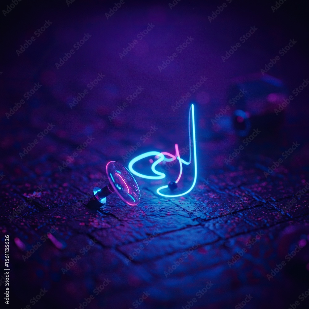 Fototapete glowing neon musical note and small object resting on textured surface.