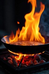 A close-up shot of a vibrant, fiery cooker flame burning intensely, highlighting the heat and energy of cooking , domestic appliance, fuel, heat