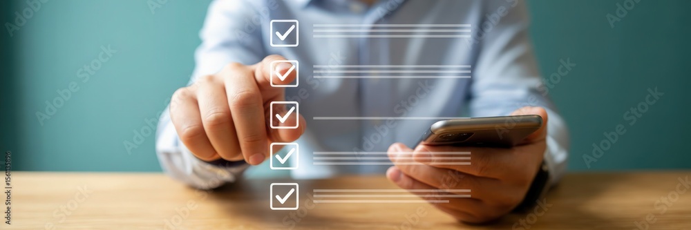 Poster person interacting with a digital checklist on a mobile device.