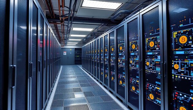 Rows of dedicated servers mining Bitcoin in high-tech cryptocurrency farm. Data center with advanced hardware, network, processing power. Digital currency exchange, crypto market. 32k resolution