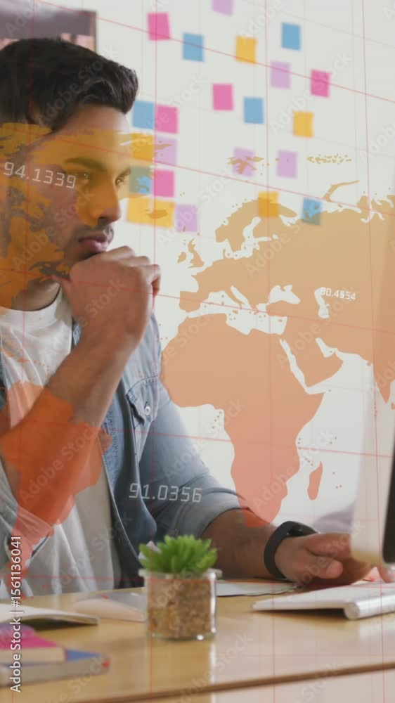 Poster animation of world map and data processing over businessman using computer