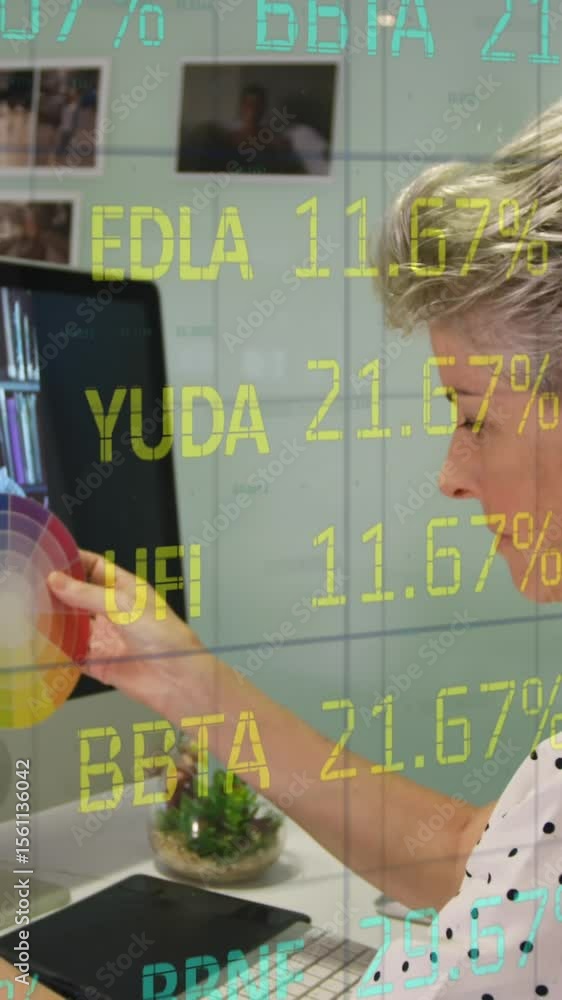 Poster composite of financial data processing over businesswoman using computer in office