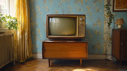 Retro vintage television set in a room with floral wallpaper. Wooden cabinet,  sunlight