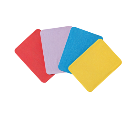 Vibrant array of textured cards in red, lavender, blue and yellow with rounded corners on neutral field