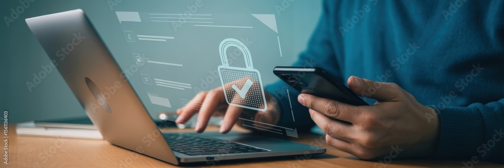 Poster person using laptop and smartphone with security interface overlay.
