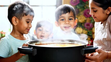 Indian siblings cooking together, clustered near simmering pot, sharing excited expressions while watching traditional meal preparing in family kitchen - Powered by Adobe