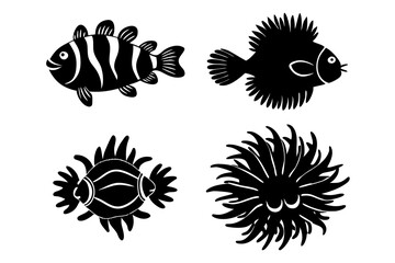set of sea Anemone vector silhouette illustration isolated on white background