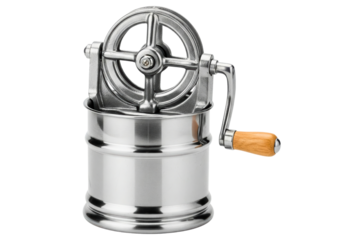 Manual stainless steel butter churn with a wooden handle isolated on a transparent background