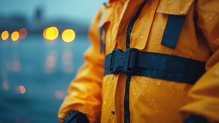 Close-up of a person wearing a yellow waterproof jacket with a black buckle belt, standing near water at dusk.