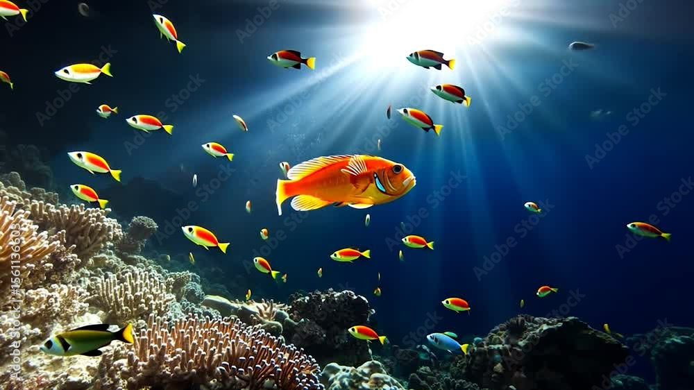 Poster underwater video of colorful fish swimming around coral reefs with sun rays penetrating the water cr
