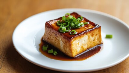 Glazed tofu cube on white plate