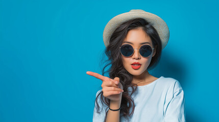 Obraz premium Fashion Forward: A stylish woman with hat and sunglasses gestures towards an unseen element, expressing confidence and charisma against a vibrant blue backdrop.