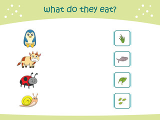 What do they eat matching game for kids with cute wild animals. activity page for kindergarteen and preschool. Vector illustration