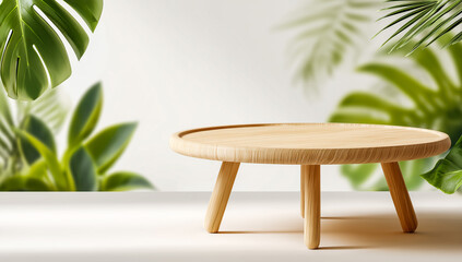 Zen-inspired wooden furniture piece in a tranquil green plant environment