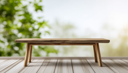 Zen-inspired wooden furniture piece in a tranquil green plant environment