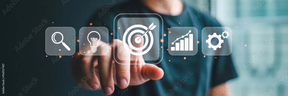 Poster person interacting with a digital interface displaying icons of target, idea, and progress.