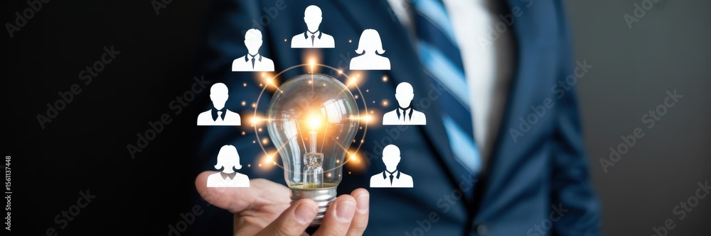 Poster illuminated lightbulb with linked people icons in a hand.