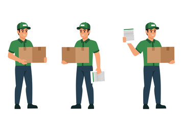 Courier in green uniform holding packages and delivery documents. Set of deliveryman poses with box and clipboard, representing shipping and logistics service concept