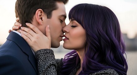 Fototapeta premium Close-up of a romantic couple kissing passionately outdoors.