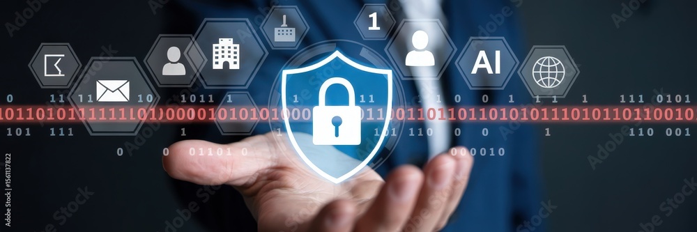 Poster digital shield security displayed on a hand.