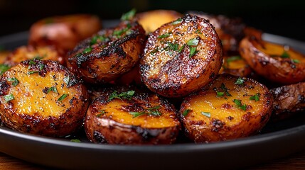 Roasted potato slices, golden brown and crispy, with a hint of char