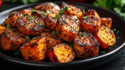 Roasted sweet potato chunks, seasoned and garnished
