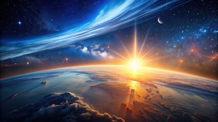 A breathtaking sunrise over a planetary body, showcasing a vibrant celestial display with a crescent moon and a myriad of stars, clouds, and atmospheric effects.
