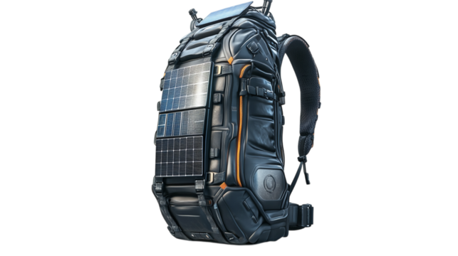• A high-tech modular backpack with solar charging capabilities, isolated on white background in HD 