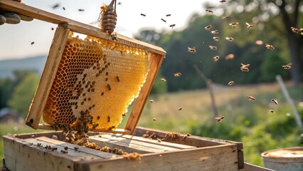 Close up of honeycomb frame being held above a wooden box with bees flying around in a rural setting