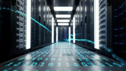Data center corridor binary code floor, glowing streams, server racks, tech background - Powered by Adobe
