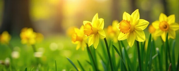 Obraz premium Vibrant yellow daffodils blooming in a lush green spring meadow, bathed in warm sunlight Perfect for spring themes, Easter, and nature imagery , springtime, natural, sunlight