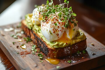 A rustic wooden board with avocado toast topped with a poached egg, sprinkled with chili flakes and microgreens 