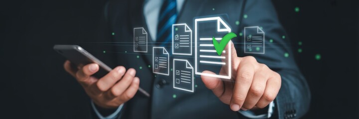 Businessperson interacting with digital documents.