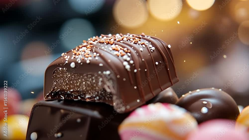 Poster close-up view of assorted chocolate candies with focus on a cut piece revealing the texture and topp