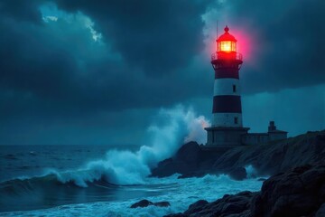 Obraz premium A lone lighthouse bravely withstands a furious storm, waves crashing against its base The powerful beam cuts through the tempestuous night , beam, ocean