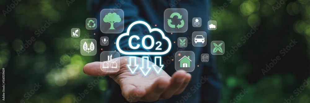Aufkleber hand displaying a digital interface of co2 reduction icons.