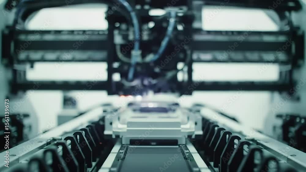 Poster factory automation robotic arm processing item on conveyor belt