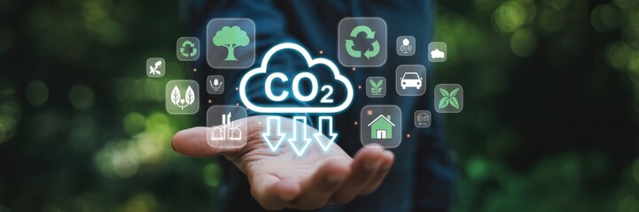 Hand displaying a digital interface of co2 reduction icons.